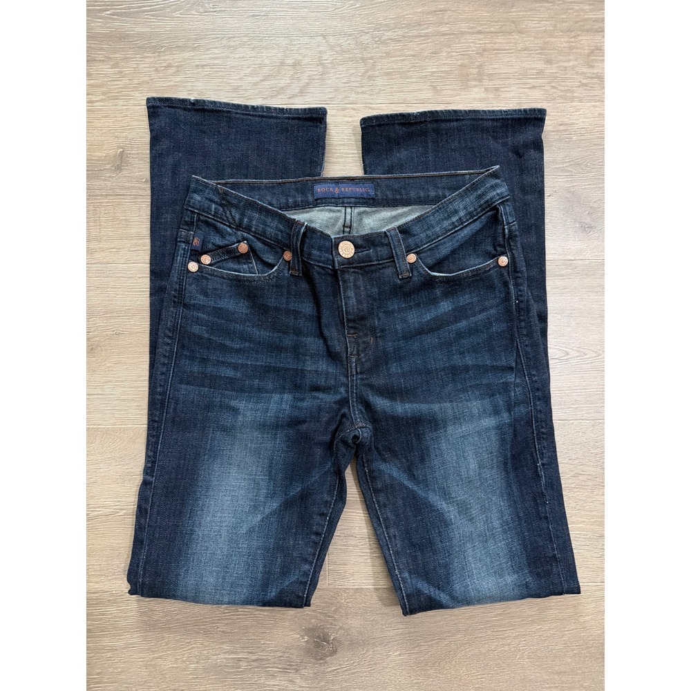 Rock & Republic Womens Dark Wash Bootcut Jeans Metallic Logo Size 10